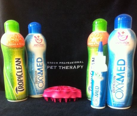 Range of tropiclean shampoos used for bathing